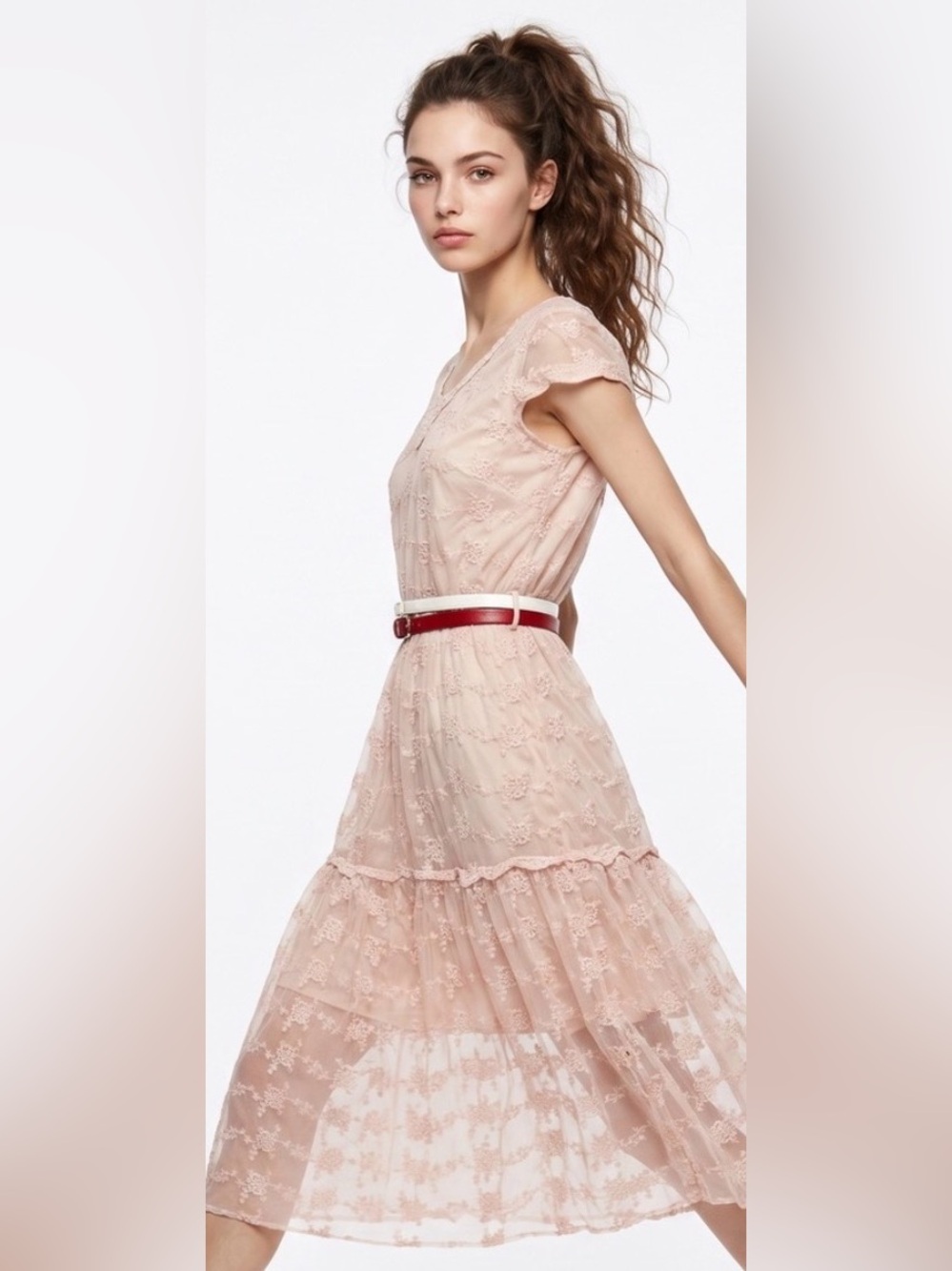 DOWNE EAST Pastel Pink Lace midi dress Scoop neck Short sleeve Costal Cowgirl - Picture 10 of 10